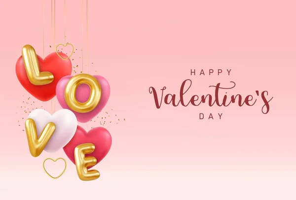 Happy Valentines Day Banner Red Heart Balloons Gold Metal Shapes — Stock Vector