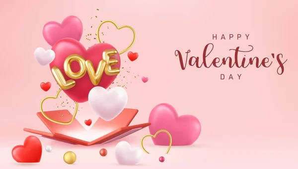 Open Present Box Confetti Heart Shape Balloons Suitable Valentine Day — Image vectorielle