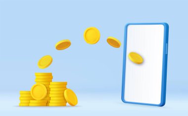 3D Uçan Paralar ve Akıllı Telefon. Para transferi konsepti. Uygulama yoluyla cep telefonuna para gönderme ve alma. Mobil Bankacılık, Para Borsası, Çevrimiçi Ödeme. 3D görüntüleme. Vektör illüstrasyonu