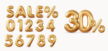 3d Sale off discount promotion set made of realistic numbers 3d gold helium balloons. 3d rendering. Vector illustration clipart