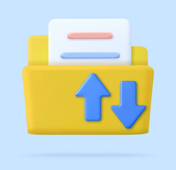 3Dファイル転送コンセプト ファイルと矢印付きの黄色のフォルダ ドキュメント ドキュメント管理 データストレージ 3Dレンダリングを共有または送信するファイル ベクターイラスト — ストックベクタ