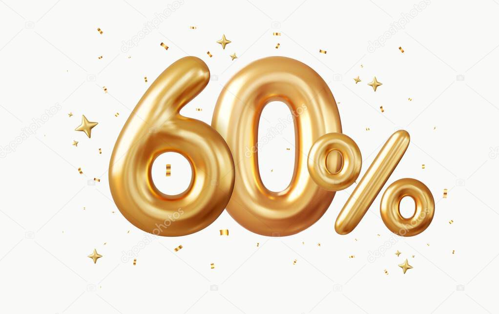 3d 60 percent off discount promotion sale made of realistic Gold helium balloons. 3d rendering. Vector illustration