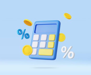Yüzen paralı üç boyutlu hesap makinesi. Bütçe yönetimi konsepti. Paranın finansal hesaplamaları. Vergi zamanı. 3D görüntüleme. Vektör illüstrasyonu
