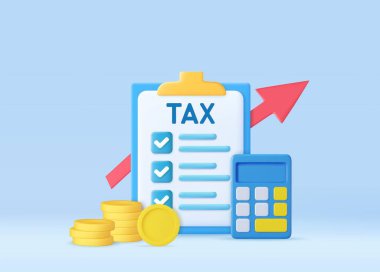 3D hesap makinesi finansal simgesi. Para yönetimi, finansal planlama, mali risk hesaplama, bozuk para yığınlı hesap makinesi. Vergi ödemesi ve iş vergisi konsepti. 3D görüntüleme. Vektör illüstrasyonu