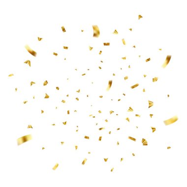 Düşen parlak altın konfeti beyaz arka planda izole edilmiş. Altın renginden parlak bir parıltı. Vektör illüstrasyonu