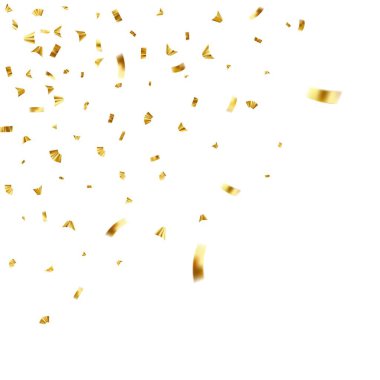 Düşen parlak altın konfeti beyaz arka planda izole edilmiş. Altın renginden parlak bir parıltı. Vektör illüstrasyonu