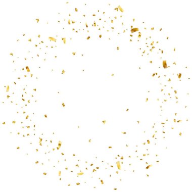 Düşen parlak altın konfeti beyaz arka planda izole edilmiş. Altın renginden parlak bir parıltı. Vektör illüstrasyonu