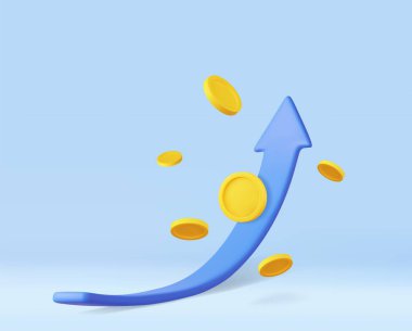 3 boyutlu büyüme grafiği, madeni paraların yatırım simgesi, arka planda mükemmel yatırım grafiği. Yatırım çözümü. 3D görüntüleme. Vektör illüstrasyonu