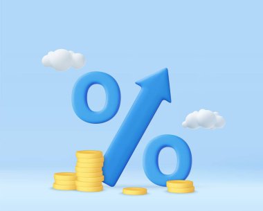 % 3D mavi ok ve yığınla para. Banka kredi konsepti. Faiz oranı. Finansal tasarruf artıyor. Para enflasyonu ve vergi. 3D görüntüleme. Vektör illüstrasyonu