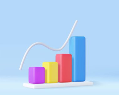 3D Business Bar grafik stratejisi konsepti. İş artışı, pozitif para hesapları, 3D görüntüleme. Vektör illüstrasyonu