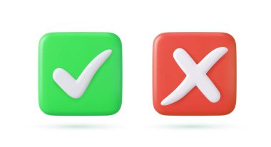 Yeşil işaretleme işareti ve çapraz işaret simgeleri simgesi ögesi kare, Basit tamam evet grafik tasarımı yok, sağ işaretleme sembolü kabul edildi ve reddedildi, 3D görüntüleme. Vektör illüstrasyonu