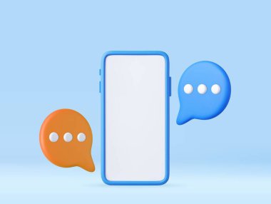 Yüzen sohbet baloncukları olan 3 boyutlu akıllı telefon, sosyal medya sohbet uygulaması moda. Çevrimiçi konuşma, sohbet, tartışma konsepti. 3D görüntüleme. Vektör illüstrasyonu