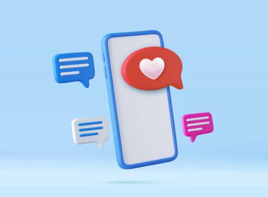 3D, Kalpli Simge ve Akıllı Telefon gibi. Sosyal medya konsepti, çevrimiçi sosyal iletişim. Sevgililer Günü dekorasyonu ve evlilik teması. 3 boyutlu görüntüleme. Vektör illüstrasyonu