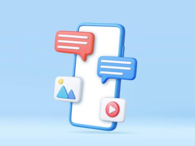 Cep telefonunda video ve fotoğraf galerisi olan üç boyutlu konuşma balonu simgesi. Çevrimiçi sosyal iletişim uygulamaları kavramı. 3D görüntüleme. Vektör illüstrasyonu