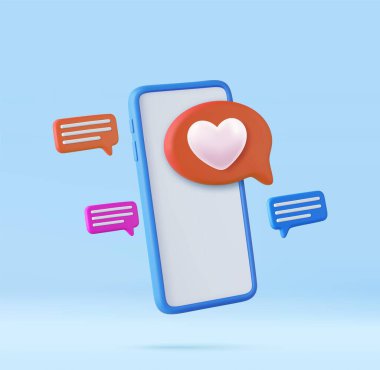 3D, Kalpli Simge ve Akıllı Telefon gibi. Sosyal medya konsepti, çevrimiçi sosyal iletişim. Sevgililer Günü dekorasyonu ve evlilik teması. 3 boyutlu görüntüleme. Vektör illüstrasyonu
