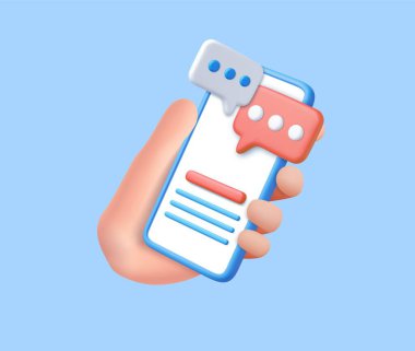 3D Hand holding mobile phone with speech bubble icon with notification new message, social media chat. concept of online talking, conversation, discussion. 3d rendering. Vector illustration clipart