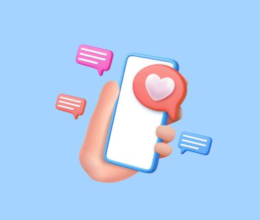 3D el ele tutuşması, Kalpli Simge ve Akıllı Telefon gibi. Sosyal medya online konsepti. Sevgililer Günü dekorasyonu ve evlilik teması. 3 boyutlu görüntüleme. Vektör illüstrasyonu