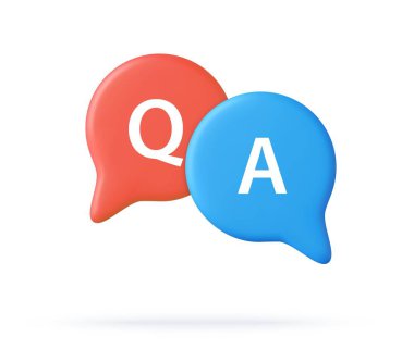 Q harfli 3D konuşma balonu, sorular ve cevaplar, faq sohbet. 3D görüntüleme. Vektör illüstrasyonu