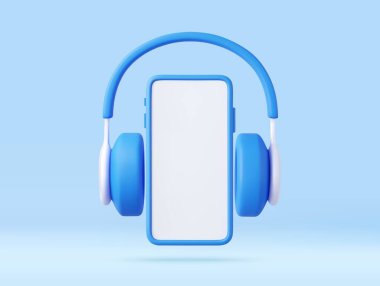 3D taşınabilir kulaklık ve telefon. Uygulama üzerinden müzik dinlemek. Müzik akışı hizmeti için konsept pankart tasarımı. 3D görüntüleme. Vektör illüstrasyonu
