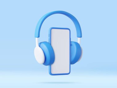 3D taşınabilir kulaklık ve telefon. Uygulama üzerinden müzik dinlemek. Müzik akışı hizmeti için konsept pankart tasarımı. 3D görüntüleme. Vektör illüstrasyonu