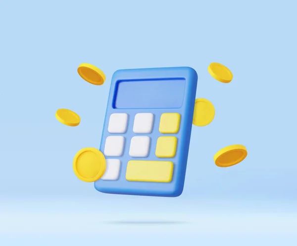 3D计算器与浮动硬币 预算管理概念 货币的财务计算 纳税时间 3D渲染 矢量说明 — 图库矢量图片
