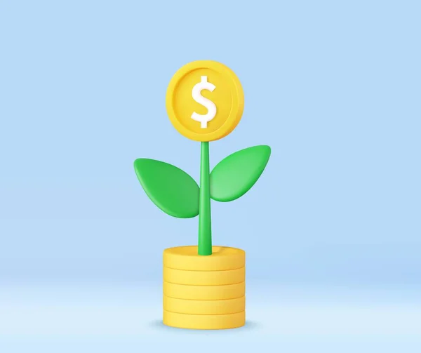 コインで3Dお金の木の植物 お金の概念を救う ビジネスの利益投資 金融教育 ビジネス開発の概念 3Dレンダリング ベクターイラスト — ストックベクタ