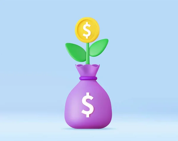 バッグマネーで3Dお金の木の植物 ビジネス利益投資金融教育貯蓄概念 3Dレンダリング ベクターイラスト — ストックベクタ
