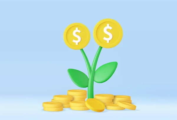 コインで3Dお金の木の植物 お金の概念を救う ビジネスの利益投資 金融教育 ビジネス開発の概念 3Dレンダリング ベクターイラスト — ストックベクタ