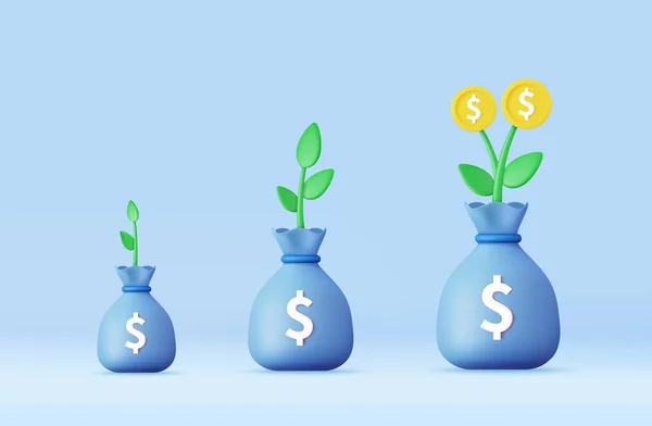 バッグマネーで3Dお金の木の植物 ビジネス利益投資金融教育貯蓄概念 3Dレンダリング ベクターイラスト — ストックベクタ