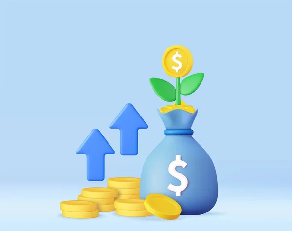 3D金融投資将来の収入 ドルコインスタックと植物と成長の概念 お金や利益の増加を節約 3Dレンダリング ベクターイラスト — ストックベクタ