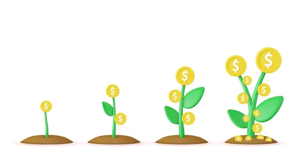 Boyutlu Para Ağacı Büyümenin Aşamaları Dallardaki Altın Paralar Zenginliğin Sembolü — Stok Vektör