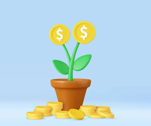 鍋にコインで3Dお金の木の植物 お金の概念を救う ビジネスの利益投資 金融教育 ビジネス開発の概念 3Dレンダリング ベクターイラスト — ストックベクタ