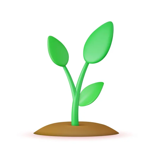 土壌で成長する3D苗 緑色の葉を持つ小さな緑の芽 有機農業 天然物のシンボル 3Dレンダリング ベクターイラスト — ストックベクタ