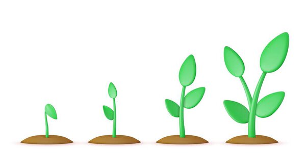 3d sprouts. Phases plant growing.Evolution concept. Seeds sprout in ground. Sprout, plant, tree growing agriculture icons. 3d rendering. Vector illustration
