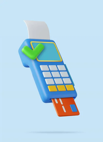 3D带收据和信用卡的Pos终端 Pos终端支付概念 网上购物 电子帐单支付 网上交易 3D渲染 矢量说明 — 图库矢量图片