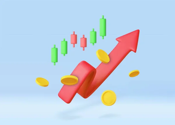 3D成長ストック図財務グラフ 株式や外国為替の上矢印付きの燭台 マネーコインとグラフの概念を持つ投資管理 3Dレンダリング ベクターイラスト — ストックベクタ