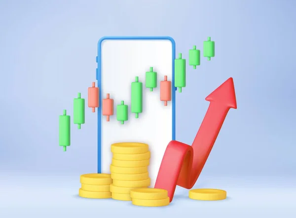 Cellulare Finanziamento Business Grafico Con Freccia Monete Risparmio Investimenti Freccia — Vettoriale Stock