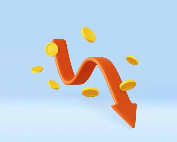 3D图表箭头和飞弹的硬币 红色柔性下降的股票箭头图标 金融危机 通货膨胀概念 3D渲染 矢量说明 — 图库矢量图片