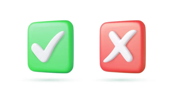 緑のチェックマークと正方形の十字マーク記号アイコン要素 シンプルなOkはいグラフィックデザイン 右チェックマークのシンボルが受け入れられ 3Dレンダリング ベクターイラスト — ストックベクタ