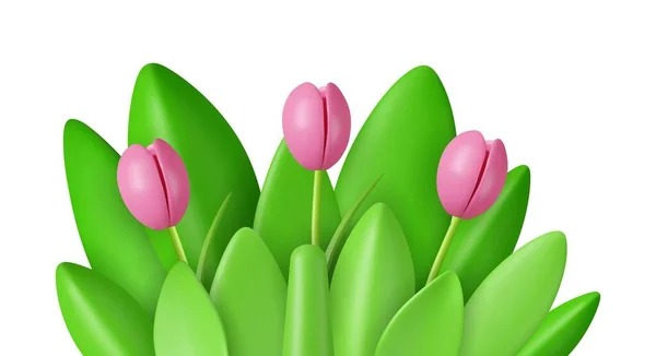 3D现实的郁金香 青草和树叶 母亲节快乐 情人节的概念 春天装饰 3D渲染 矢量说明 — 图库矢量图片