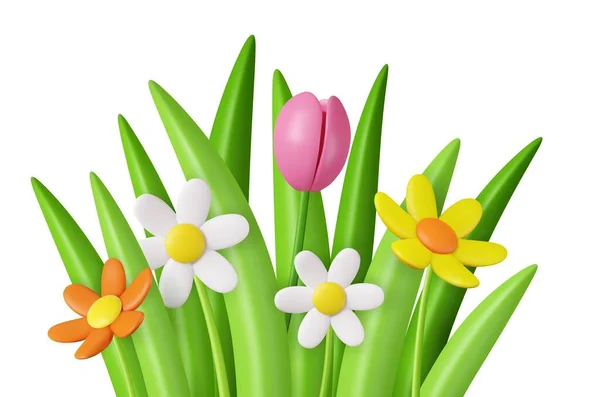 Marguerites Réalistes Tulipe Herbe Feuilles Joyeuse Fête Des Mères Concept — Image vectorielle