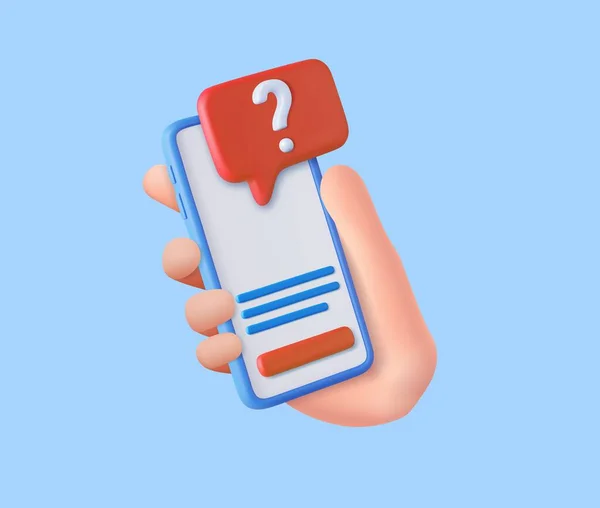 Mão Segurando Telefone Celular Com Ícone Ponto Interrogação Botão Pergunta — Vetor de Stock