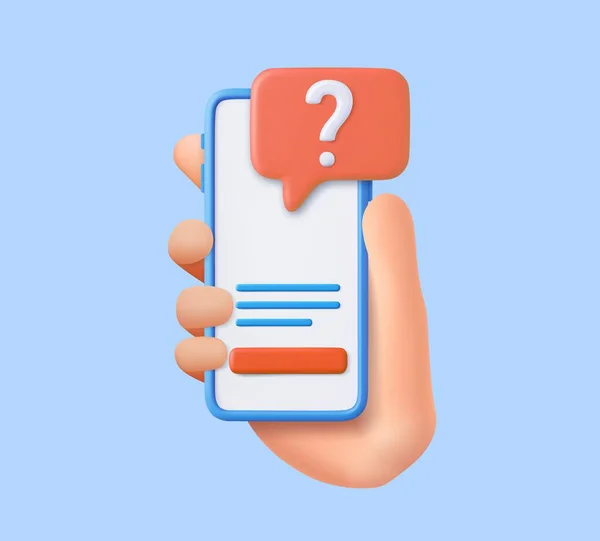 Mão Segurando Telefone Celular Com Ícone Ponto Interrogação Botão Pergunta — Vetor de Stock