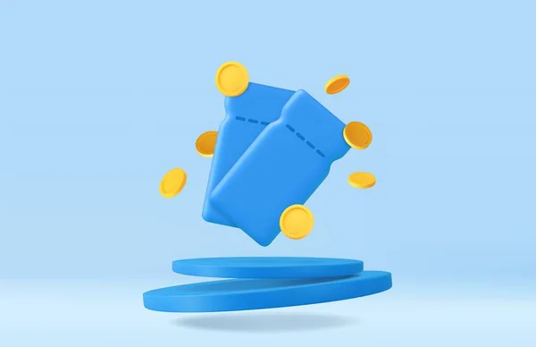 青い表彰台の背景にコインと3Dクーポン クーポンプロモーションとバウチャーカードキャッシュバックテンプレートのデザイン 3Dレンダリング ベクターイラスト — ストックベクタ
