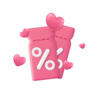 3D indirim kuponu, yüzde işareti ve uçan kalpler. Özel fiyata indirim kuponu veriyorlar. 3D görüntüleme. Vektör illüstrasyonu