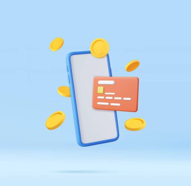 Üç boyutlu cep telefonu, kredi kartı ve online alışveriş için finansal güvenlik. Çevrimiçi ödeme kredi kartı, para sikkesi ödeme ikonu konsepti ile güvence altına alındı. 3 boyutlu görüntüleme. Vektör illüstrasyonu