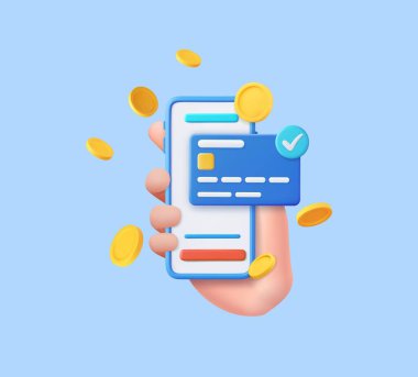 3D Hand cep telefonu, kredi kartı ve madeni parayla çevrimiçi alışveriş için para güvencesi. Çevrimiçi ödeme kredi kartıyla güvende. 3 boyutlu görüntüleme. Vektör illüstrasyonu