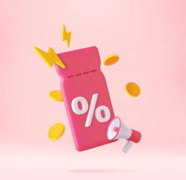 3D indirim kuponu, yüzdelik işareti, bozuk para ve flaş. Kart nakit şablon tasarımı. Özel fiyata indirim kuponu veriyorlar. 3D görüntüleme. Vektör illüstrasyonu