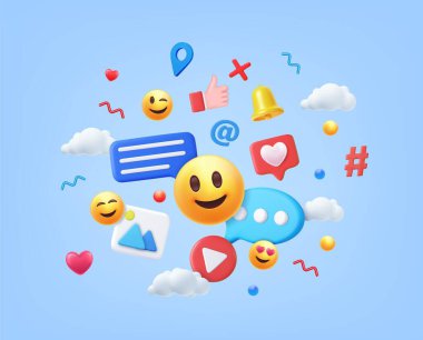 3D sosyal medya ve teknoloji, çevrimiçi sosyal iletişim uygulamaları konsepti, emoji, kalpler, açık mavi arka planda sohbet. Vektör illüstrasyonu