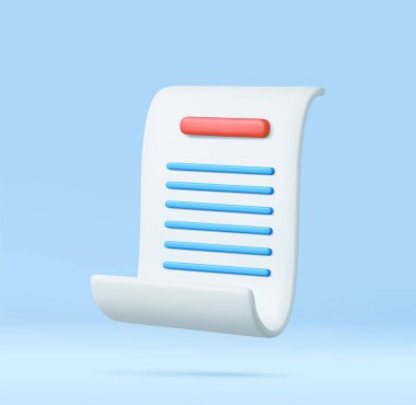 3D render işlem makbuzu ödeme ikonu. Fatura ya da çek, listeli uzun bir kağıt. Üç boyutlu görüntüleme. Vektör illüstrasyonu